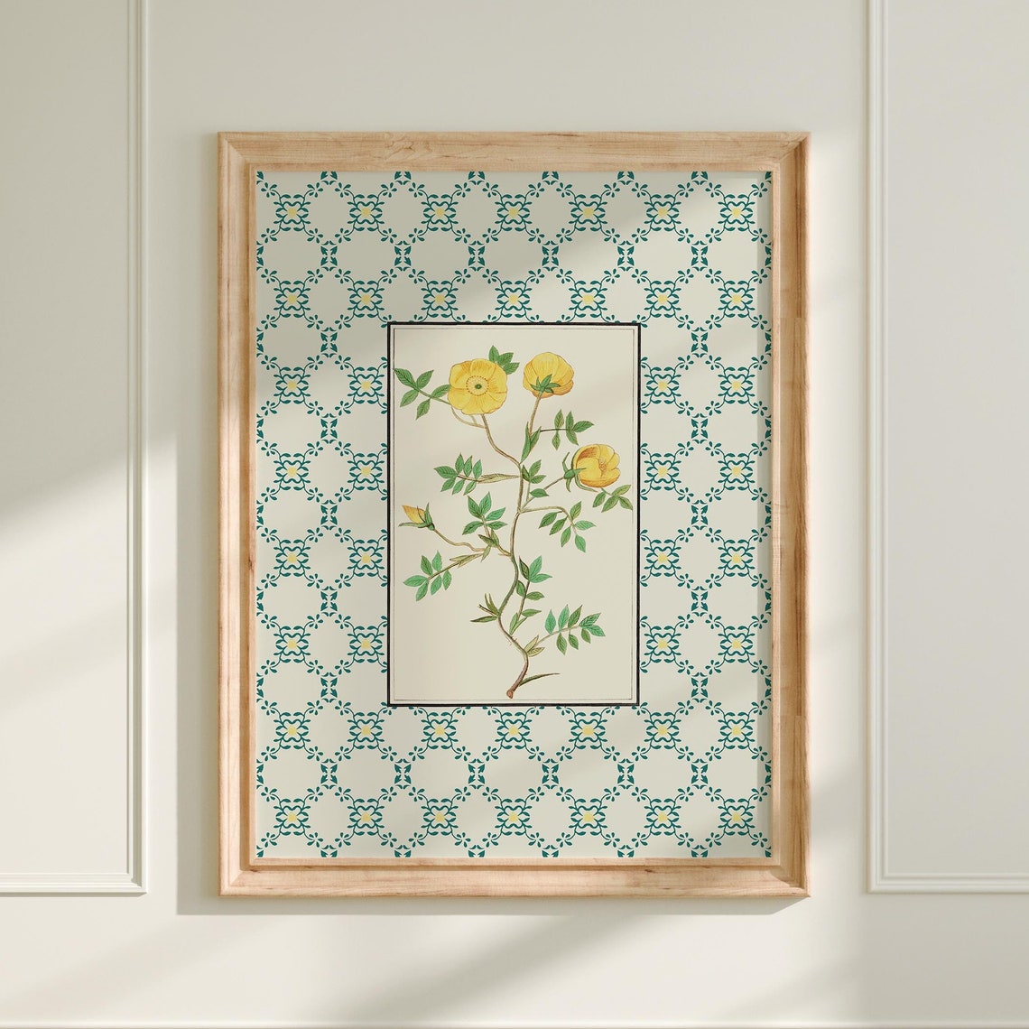 Vintage Yellow Rose Botanical Illustration Green Striped Print