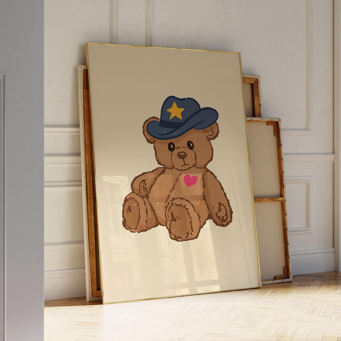 Teddy Bear In Navy Cowboy Hat Cute Vintage Nursery Room Poster
