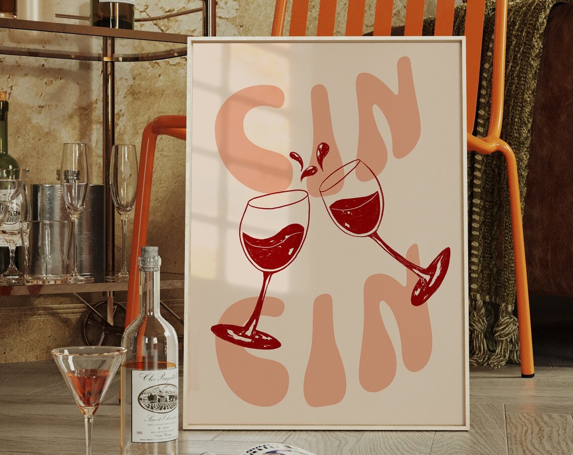 Cin Cin Cheers Wine Glasses Retro Bar Cart Typography Poster