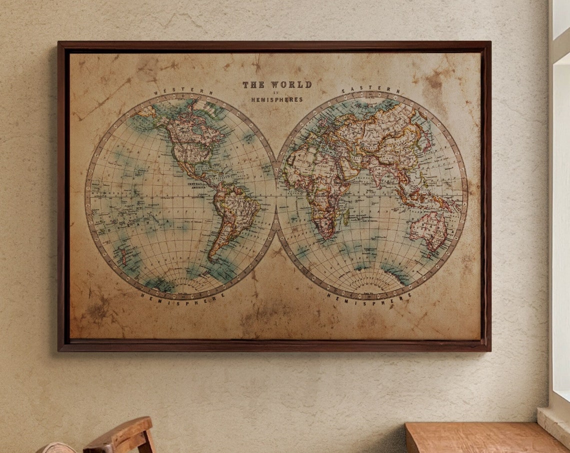 Vintage World Map Double Hemisphere Antique Travel Poster Framed