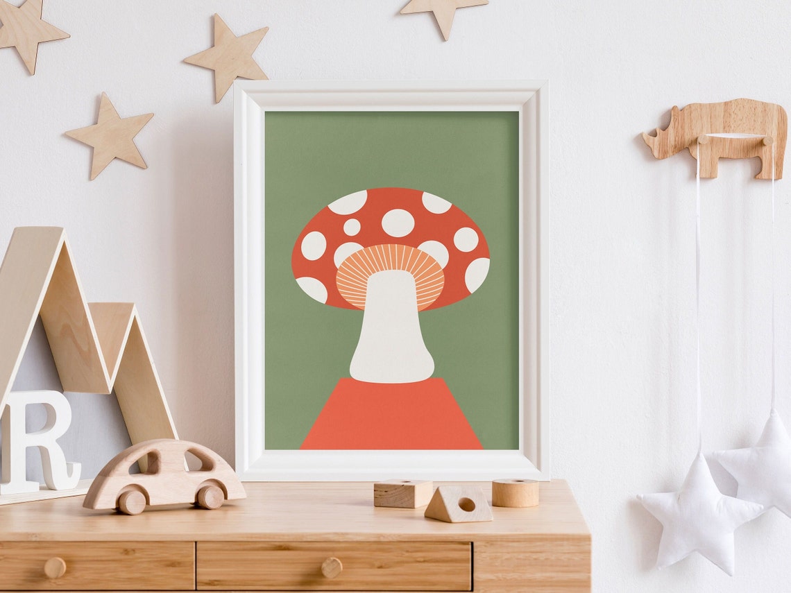 Red Spotted Mushroom Poster with Retro Sage Green Woodland Art - Image 5