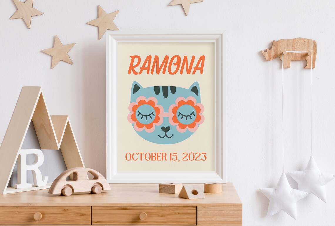 Custom Kids Name Art, Retro Blue Cat Poster - Image 5