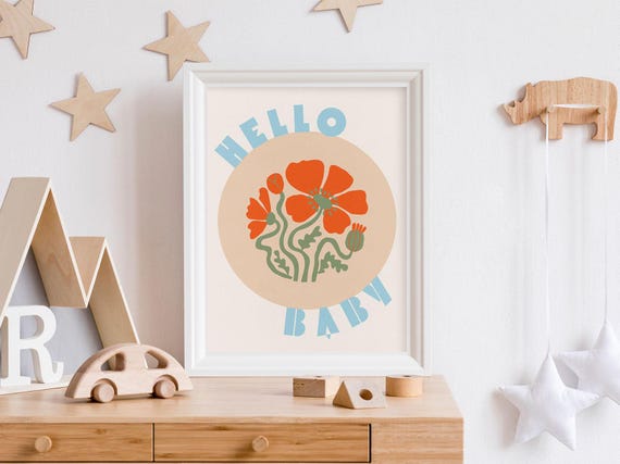 Hello Baby Print Cute Nursery Decor Kids Wall Art Fun Playroom Poster Whimsical Abstract Flower Colorful Gallery Wall Newborn Bedroom