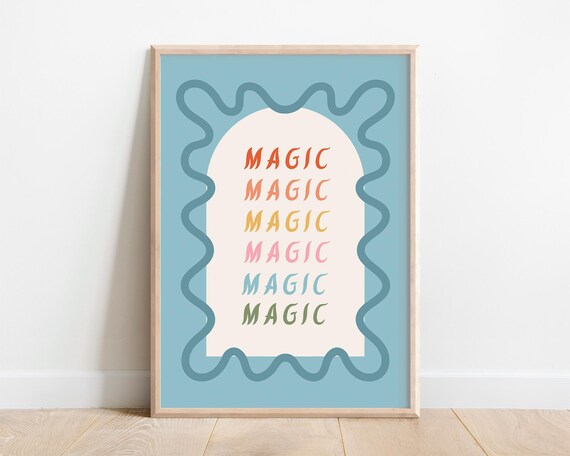 Magic Repeated Rainbow Letters Blue Wavy Frame Kids Room Poster