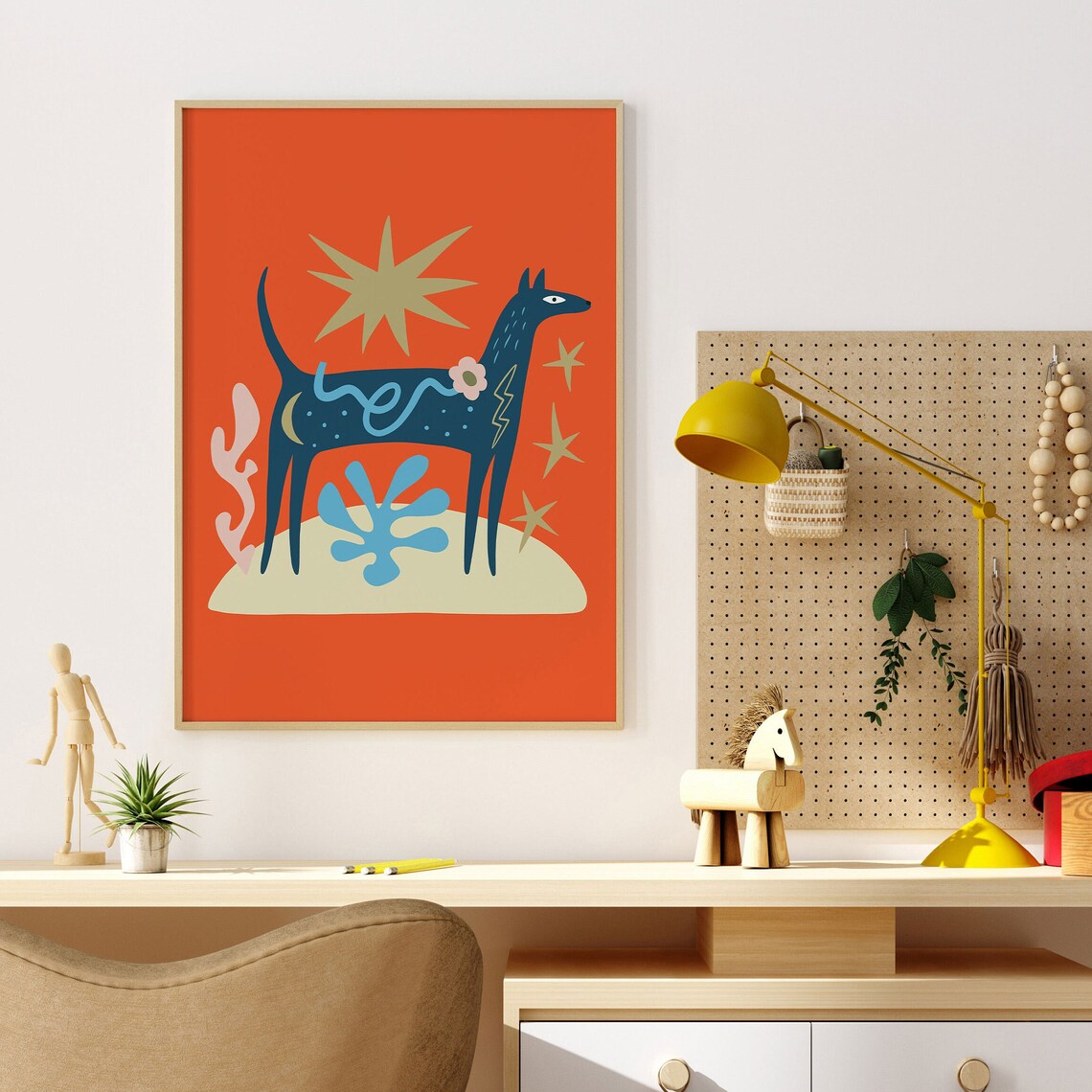 Abstract Blue Dog Poster with Folk Art Sun and Flower Motif Design - Image 3