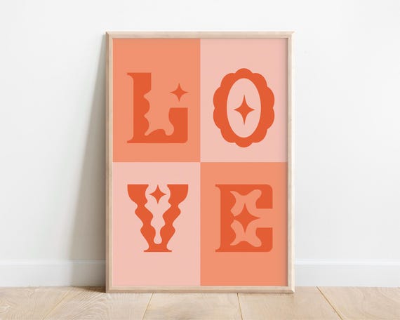Cute Love Print Kids Wall Art Colorful Playroom New Baby Gift Funky Nursery Decor Orange Checkerboard Warm Neutrals Daughter Bedroom