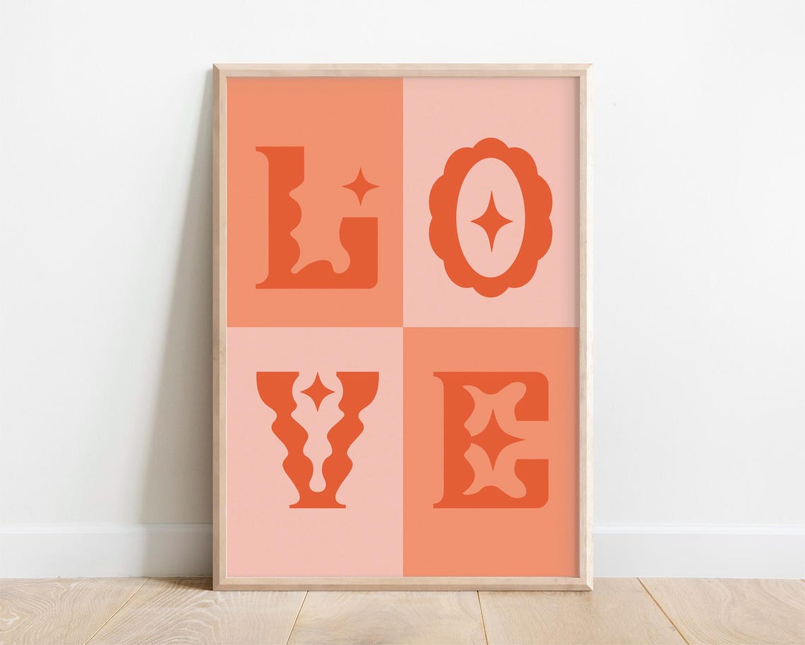 Love Decorative Letters Retro Orange Sunset Quote Decor Wall Art