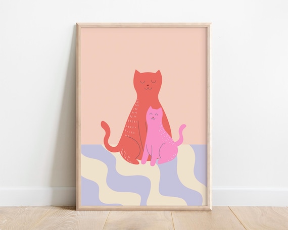 Pink Cat Print, Colorful Playroom Nursery Poster