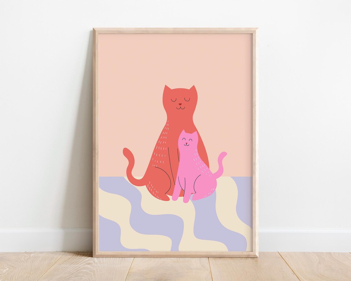 Pink Cat Print, Colorful Playroom Nursery Poster