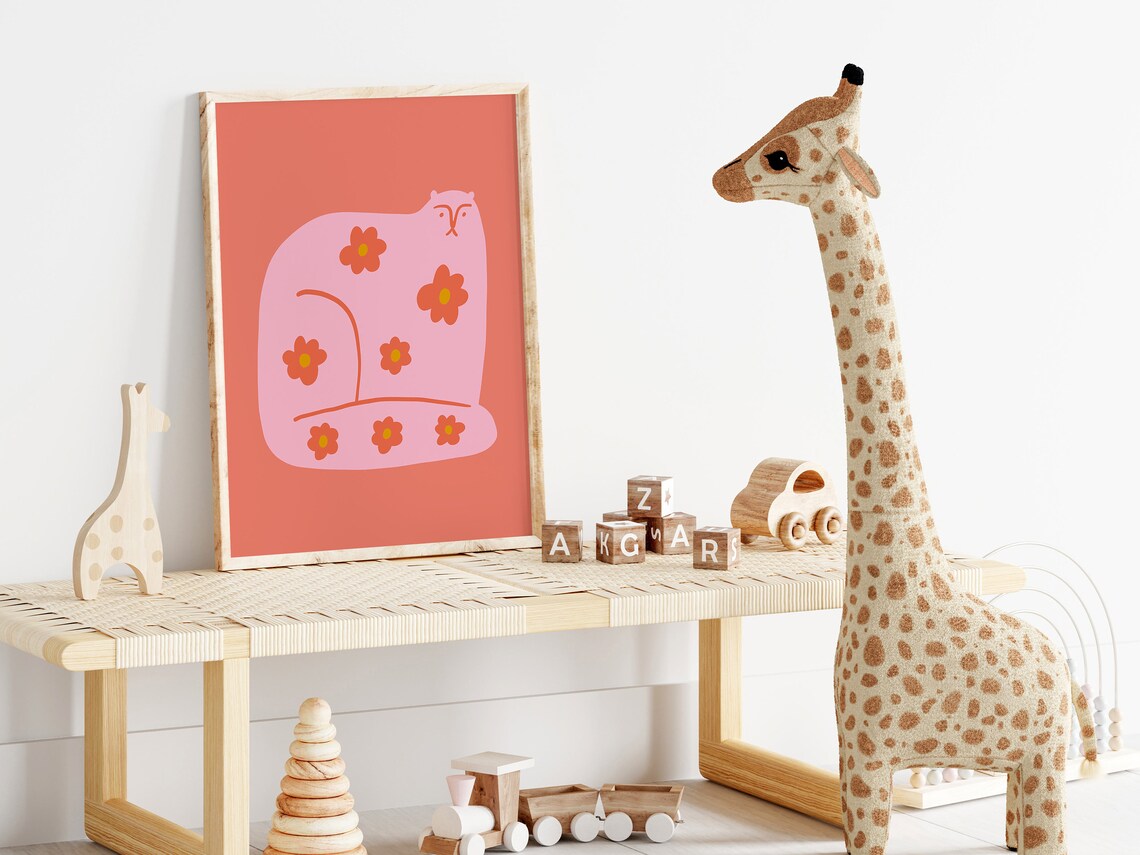 Whimsical Flower Cat Print, Retro Kids Decor - Image 3