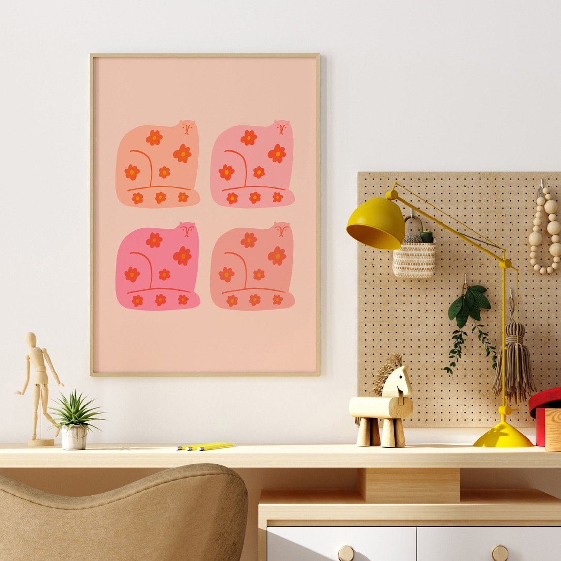 Cute Pink Cat Poster with Four Floral Pattern Cats in Kawaii Style - Image 4