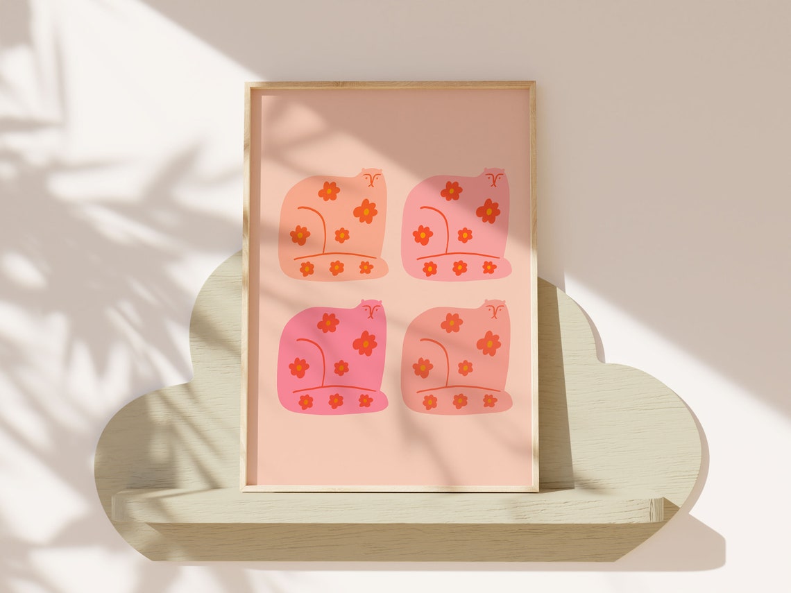 Cute Pink Cat Poster with Four Floral Pattern Cats in Kawaii Style