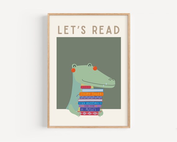 Whimsical Crocodile Reading Art Print, Retro Kids Decor