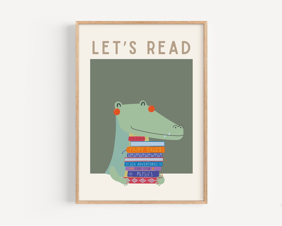 Whimsical Crocodile Reading Art Print, Retro Kids Decor