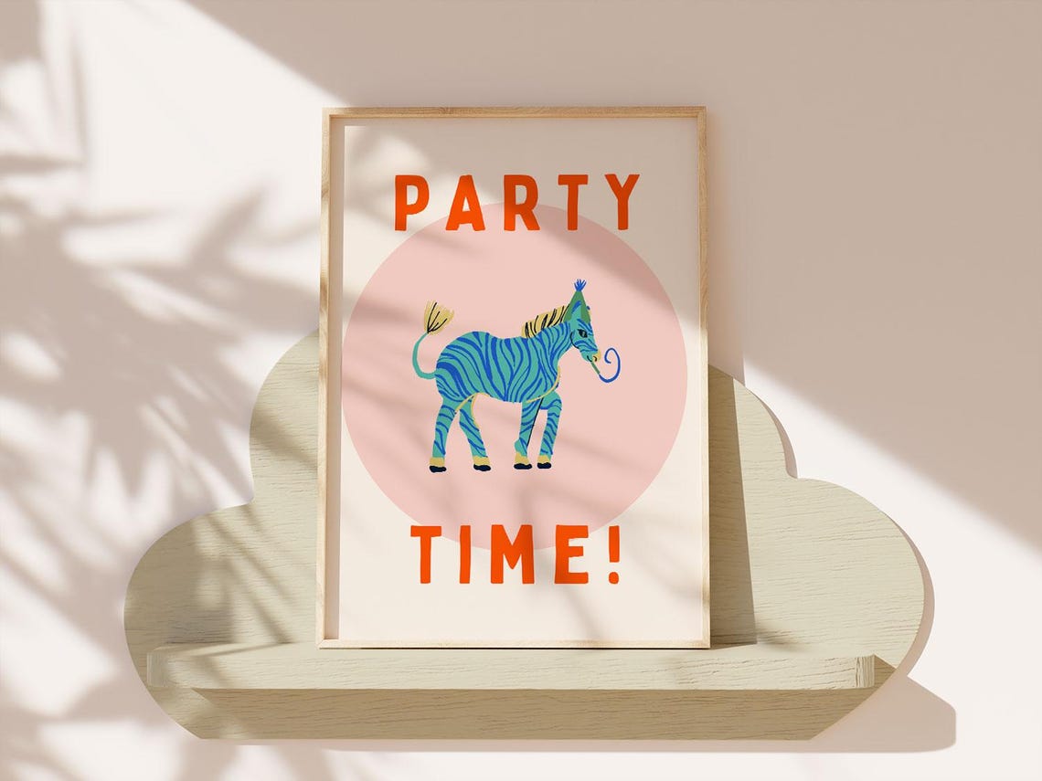 Party Time Blue Zebra Birthday Kids Celebration Room Wall Poster - Image 2