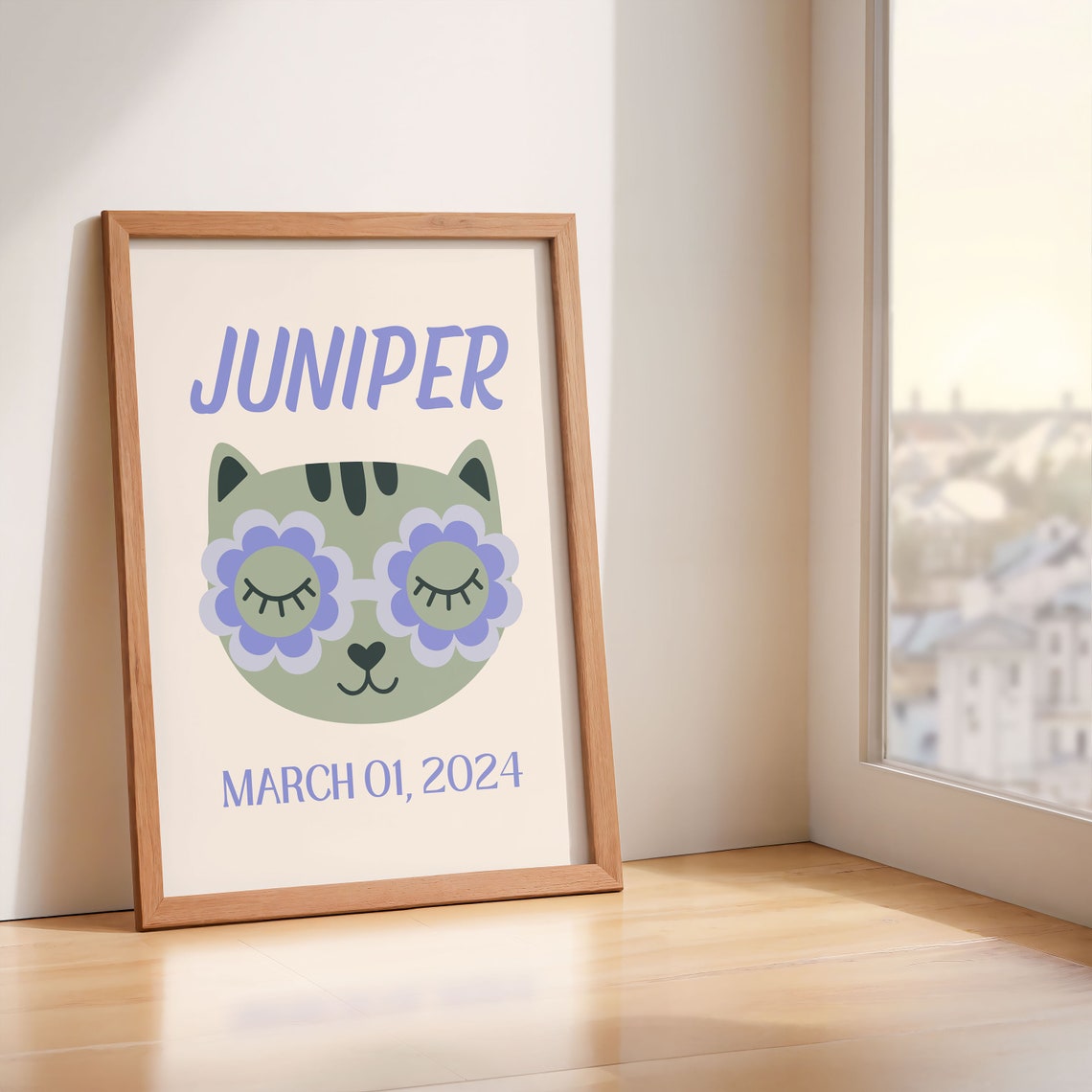 Juniper Personalized Name Birthdate Flower Cat Nursery Poster - Image 5