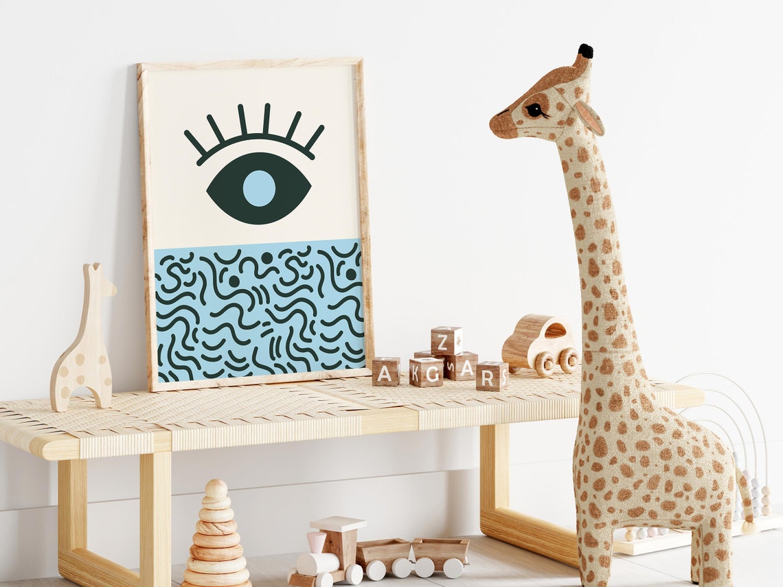 Abstract Eye Minimalist Poster with Retro Blue Squiggle Pattern Art - Image 3