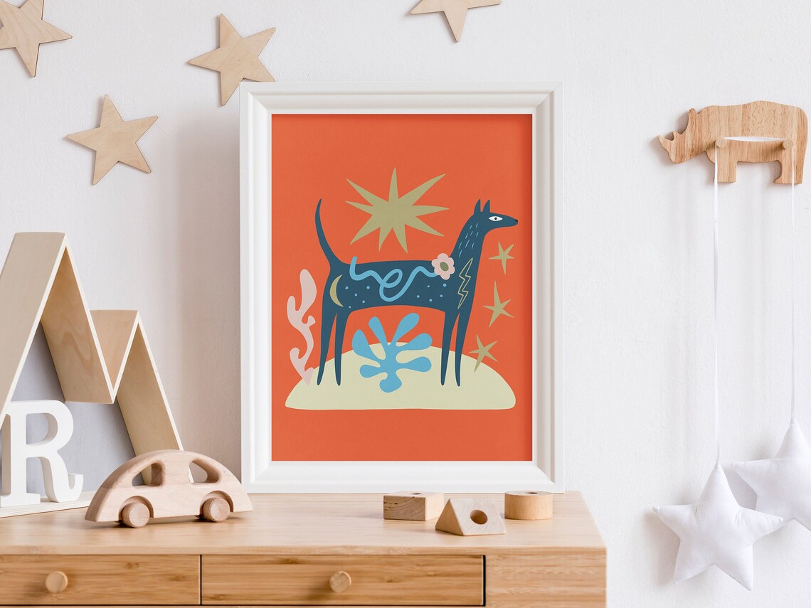 Abstract Blue Dog Poster with Folk Art Sun and Flower Motif Design - Image 4