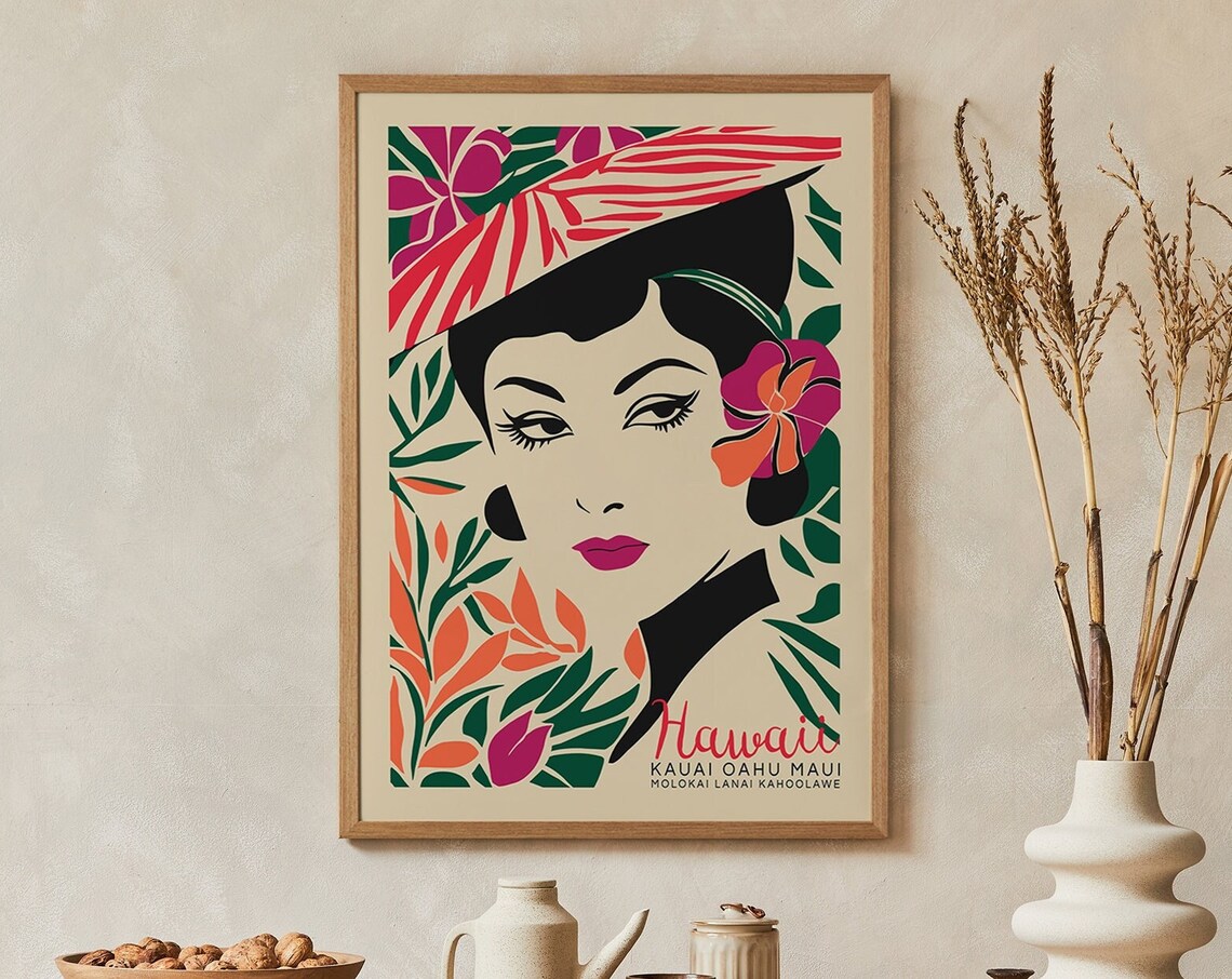 Hawaii Kauai Oahu Maui Woman Tropical Floral Vintage Travel Poster