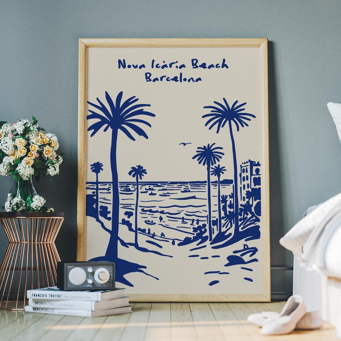Nova Icaria Beach Barcelona Blue Palm Trees Coastal Scene Poster