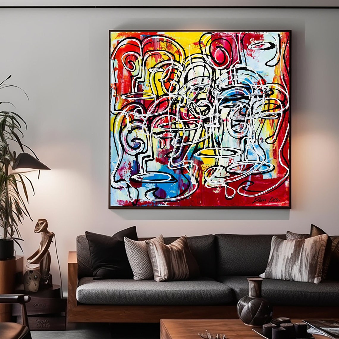 Red Yellow Tangled Face Lines Energetic Doodle Abstract Art Poster - Image 6