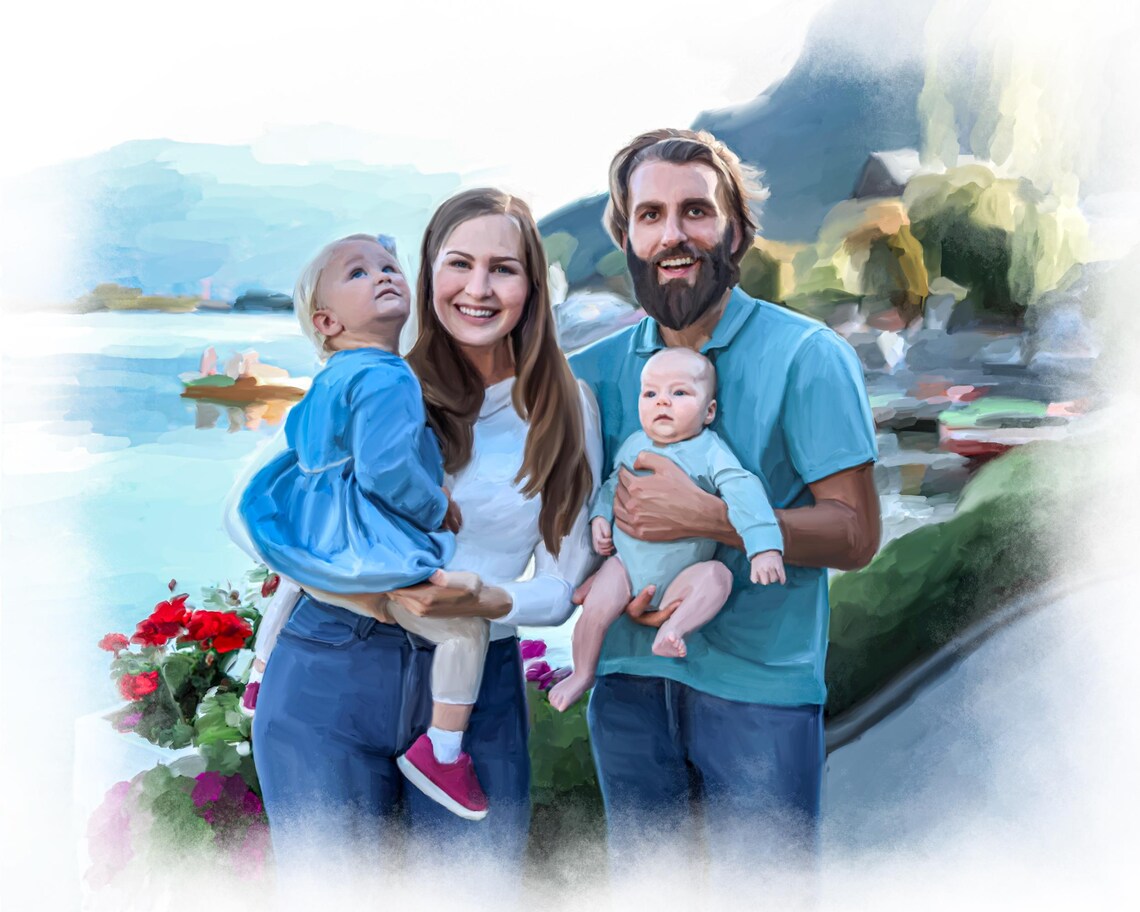 Custom Watercolor Family Portrait of Four by a Lake Shore Poster