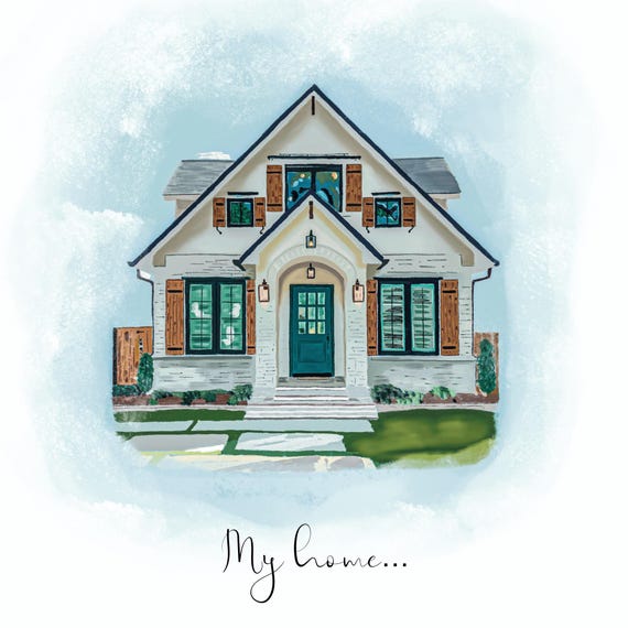 White Cottage Watercolor House Portrait with My Home Script Poster