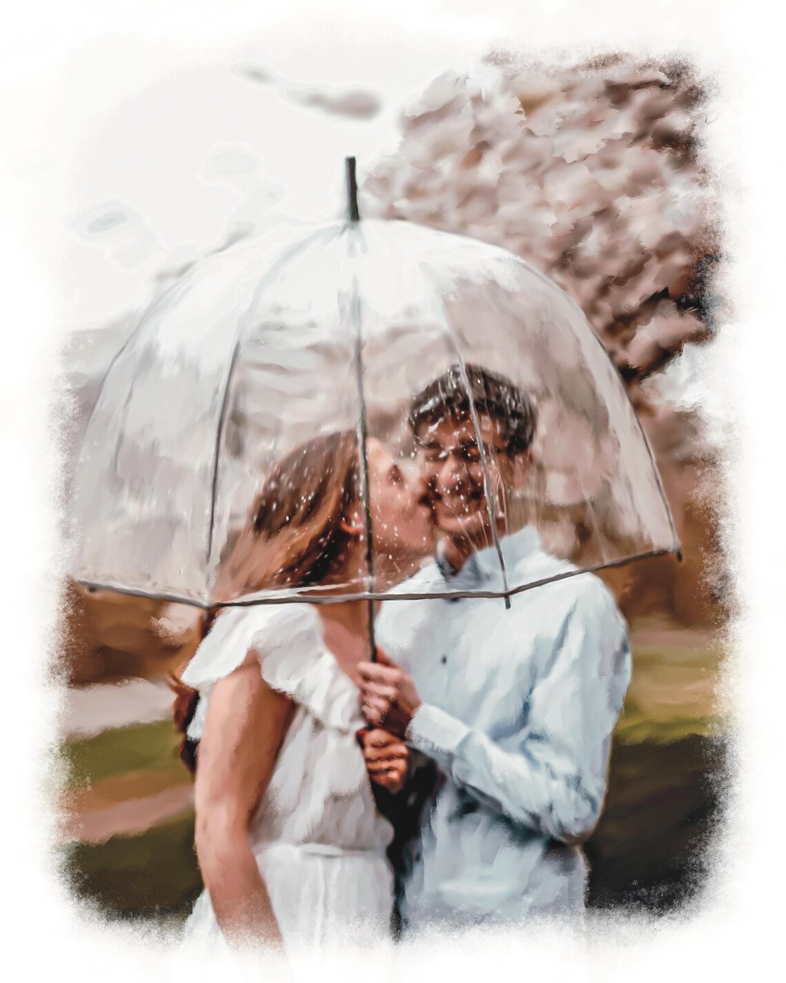 Custom Watercolor Couple Painting Kiss Under Umbrella Blossom Gift Poster