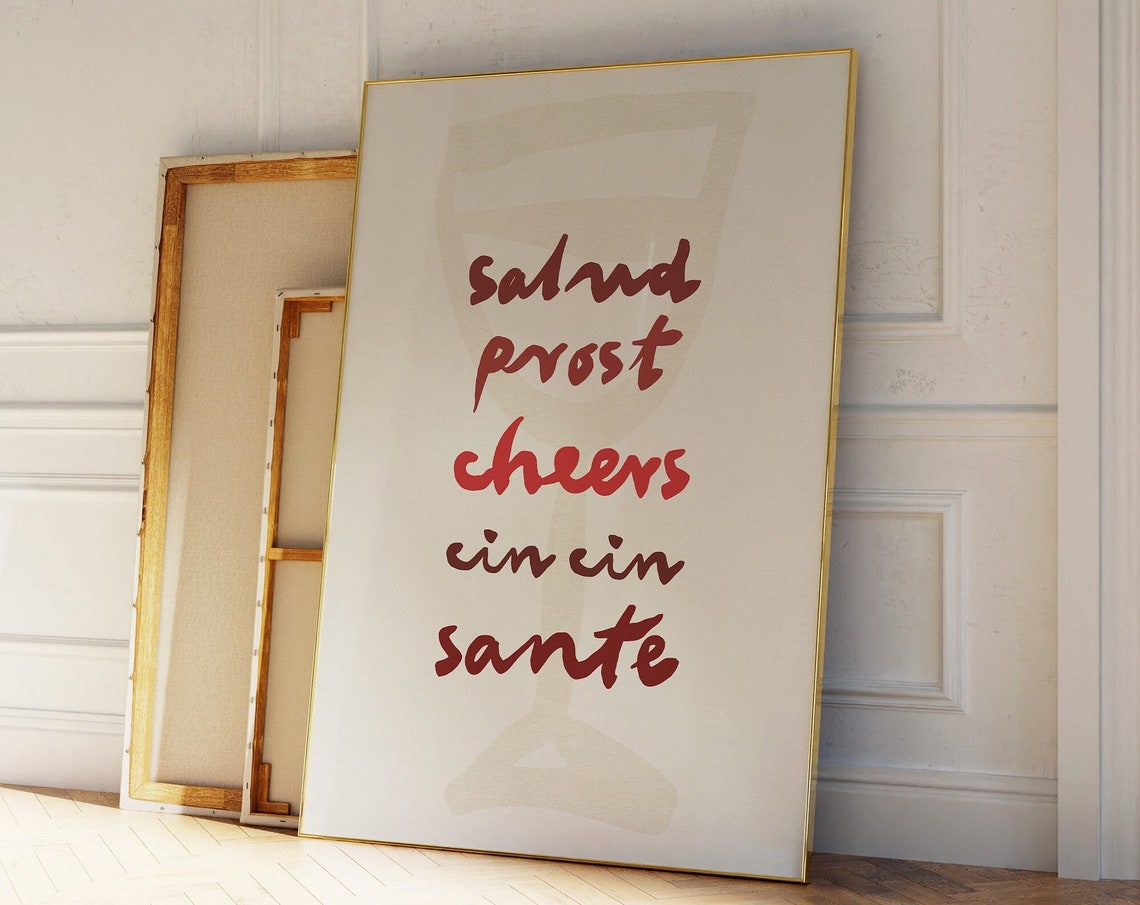 Salud Prost Cheers Script Red Wine Glass Minimalist Bar Poster