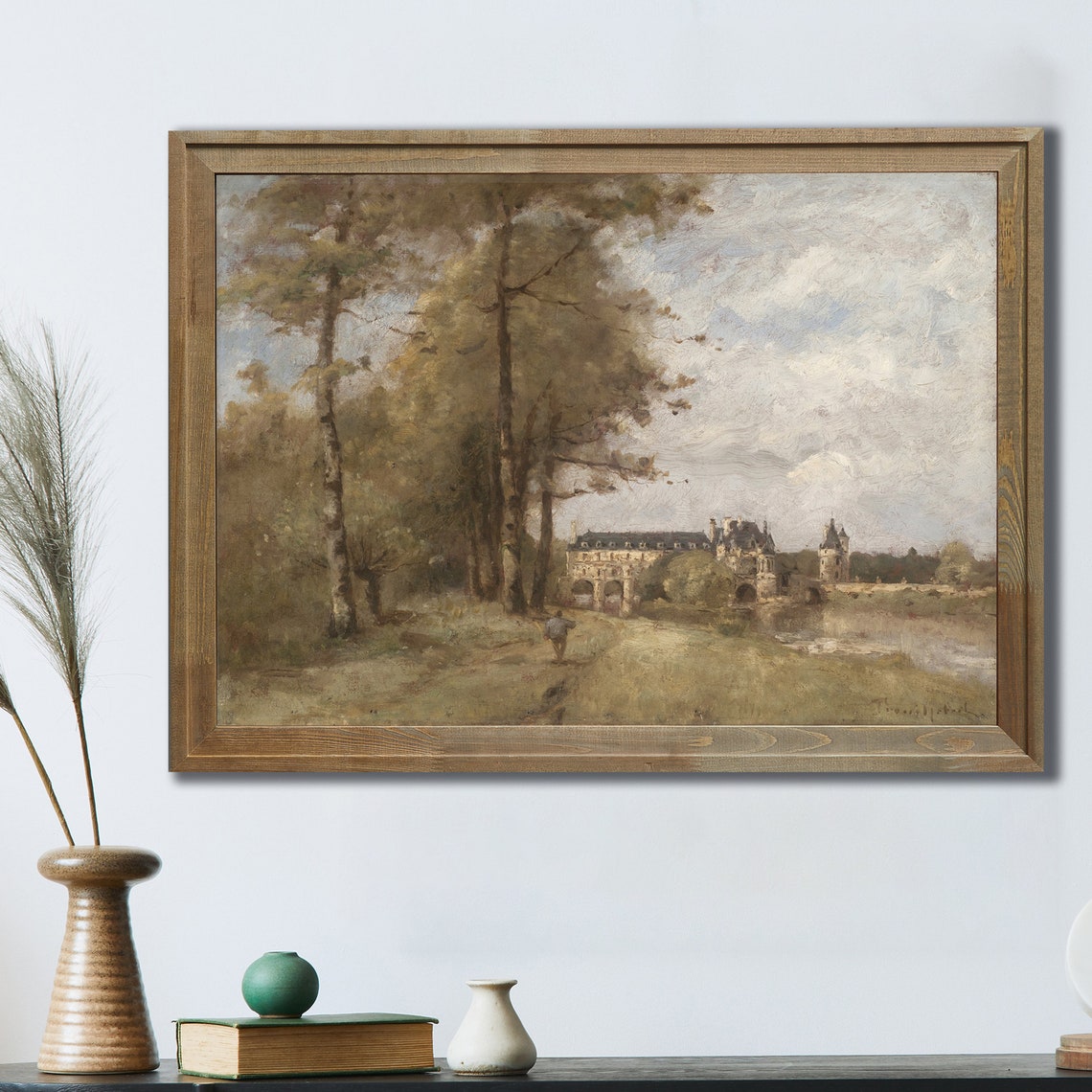 Vintage Oil Painting French Chateau Arched Bridge River Art Poster - Image 4