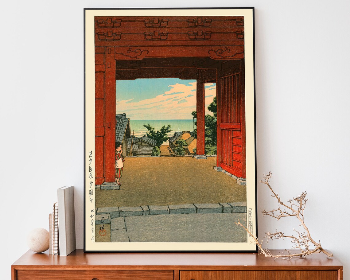 Japanese Red Temple Gate Sea View Woodblock Style Coastal Poster