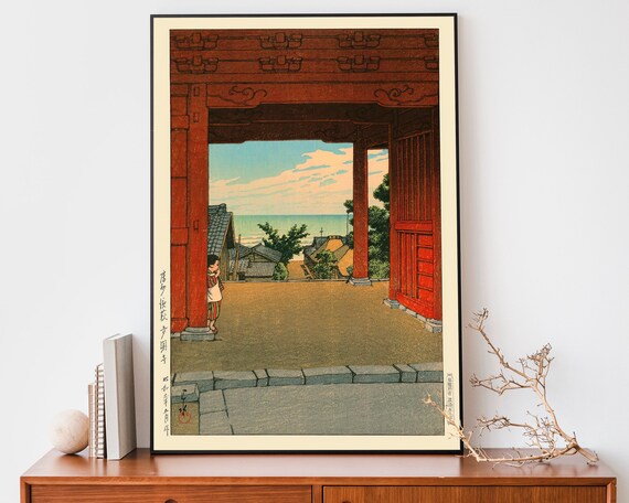 Japanese Red Temple Gate Sea View Woodblock Style Coastal Poster