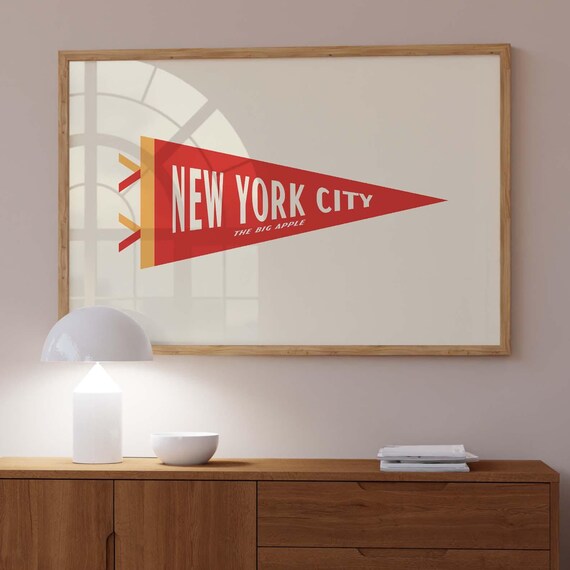 New York City The Big Apple Red Pennant Flag Vintage Travel Poster