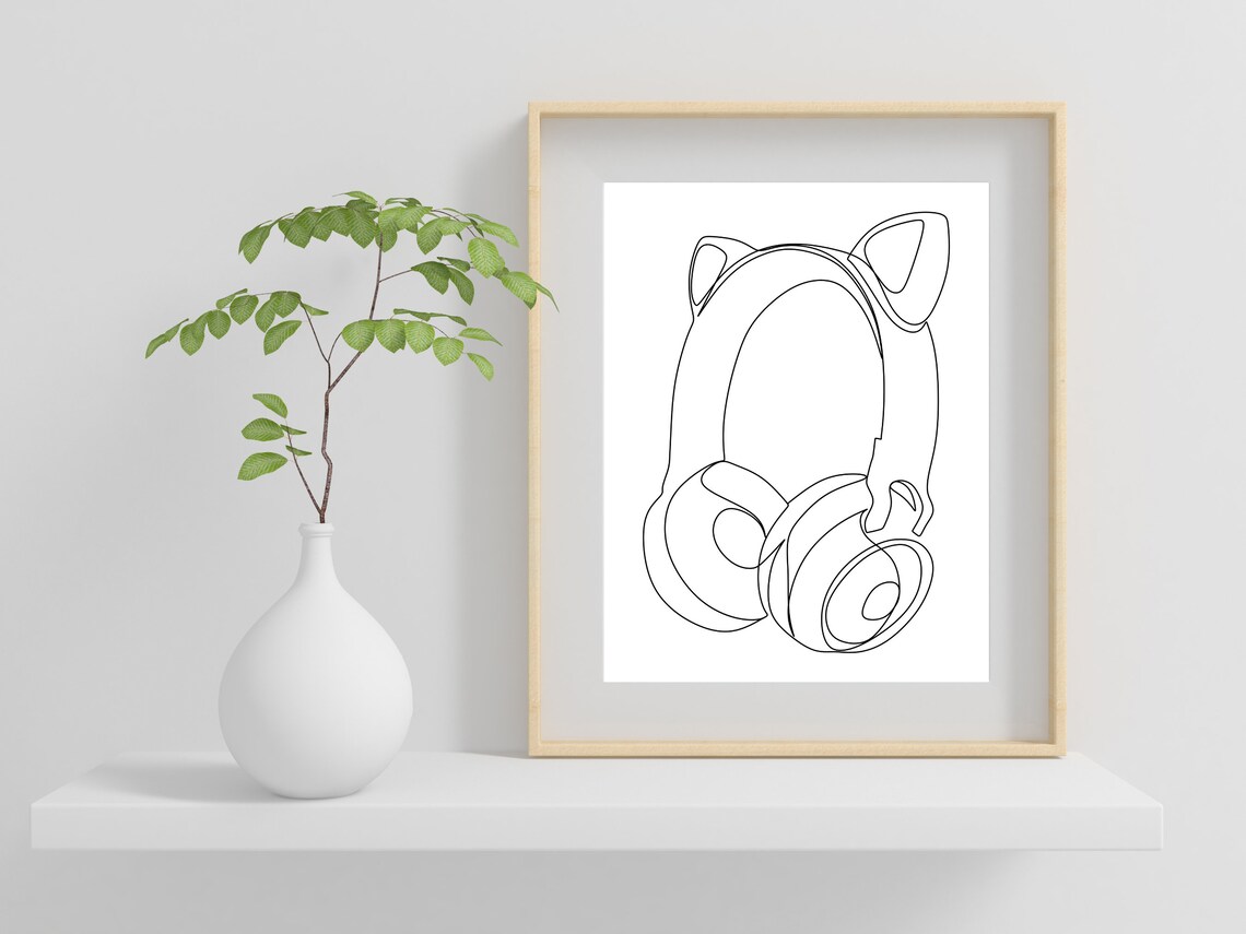 Cat Ear Headphones One Line Art Anime Gamer Music Lover Poster - Image 2