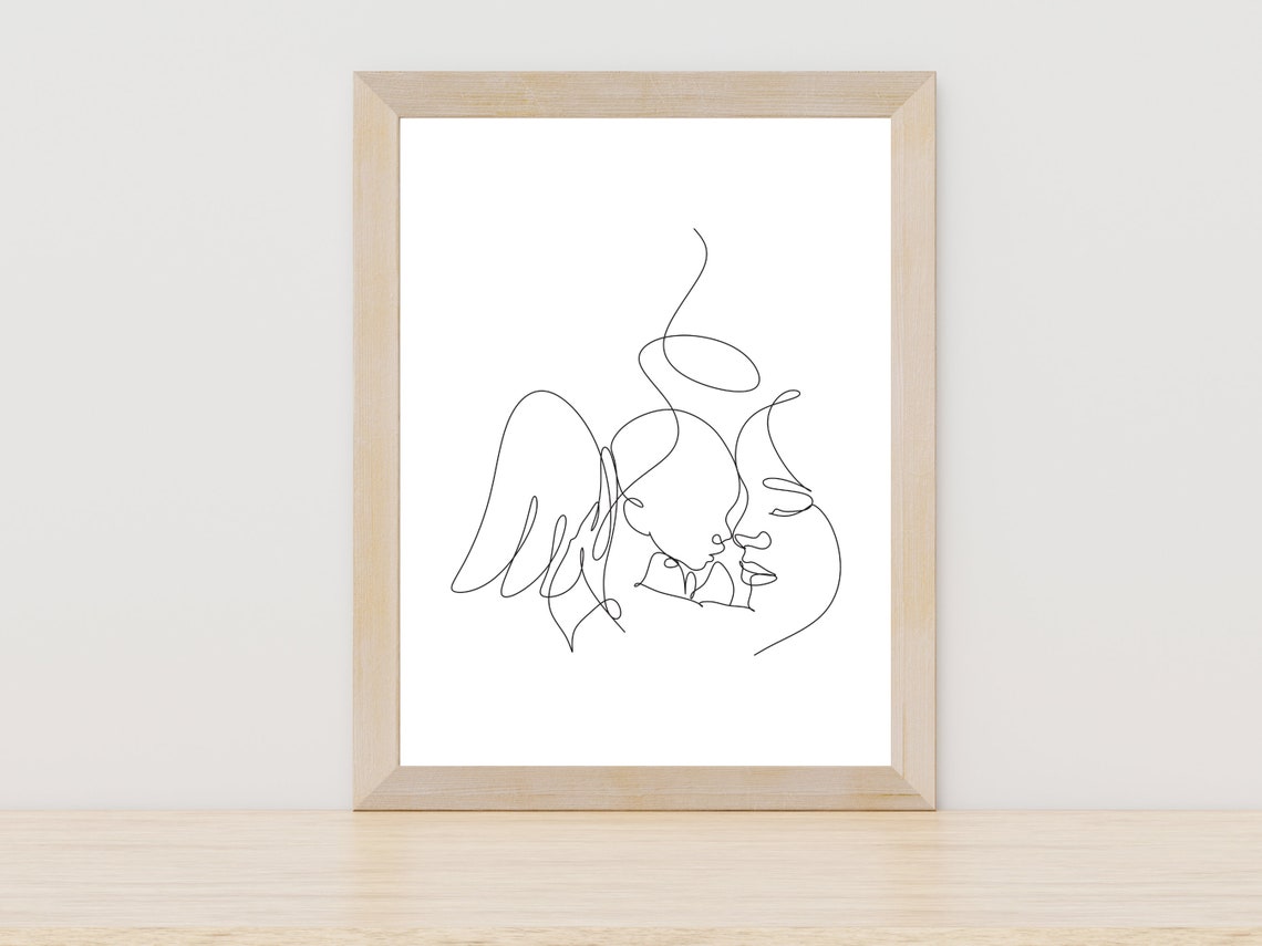 Mom Kissing Angel Baby One Line Art Tender Remembrance Gift Poster