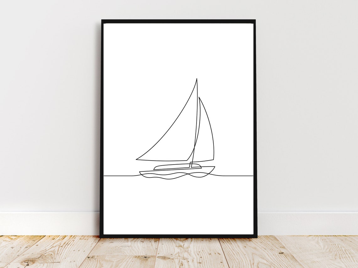 Minimalist Sailboat On Waves Single Line Art Nautical Decor Print - Image 4