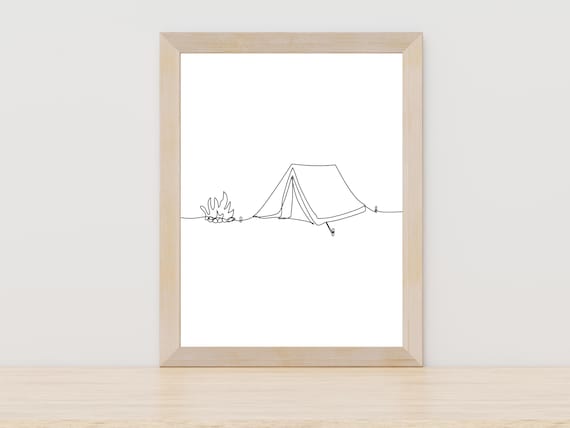 Camping Tent And Campfire One Line Drawing Outdoor Adventure Poster