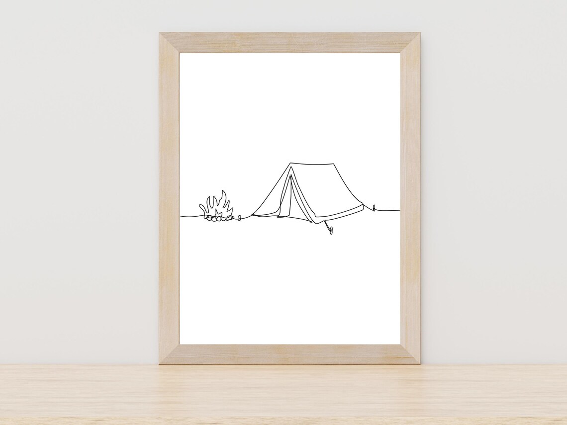 Camping Tent And Campfire One Line Drawing Outdoor Adventure Poster