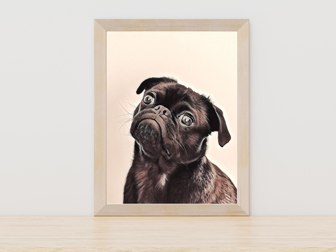 Cute Black Pug Puppy Painting Adorable Dog Portrait Print Gift
