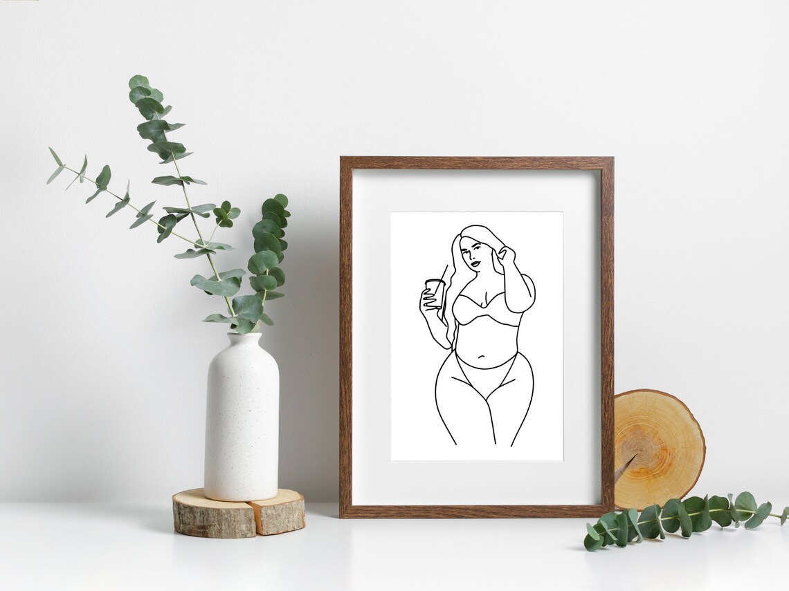 Curvy Woman Holding Drink Line Art Body Positive Confidence Poster - Image 4