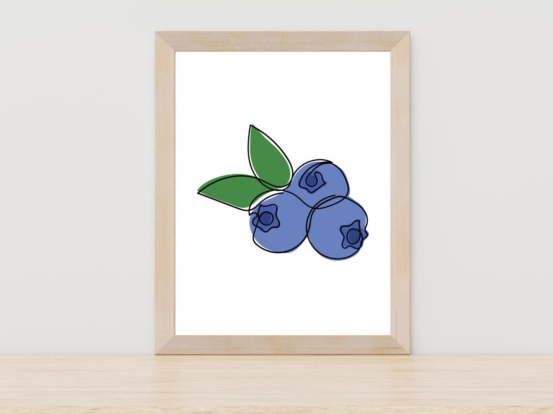 Blueberries Line Drawing Colorful Fruit Kitchen Wall Decor Print