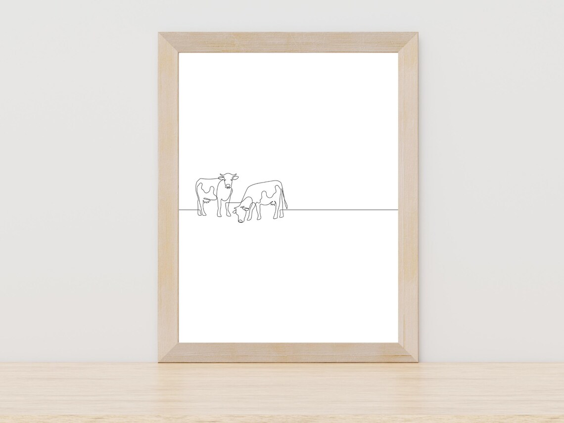 Two Cows Minimalist Single Line Drawing Farm Animal Art Poster