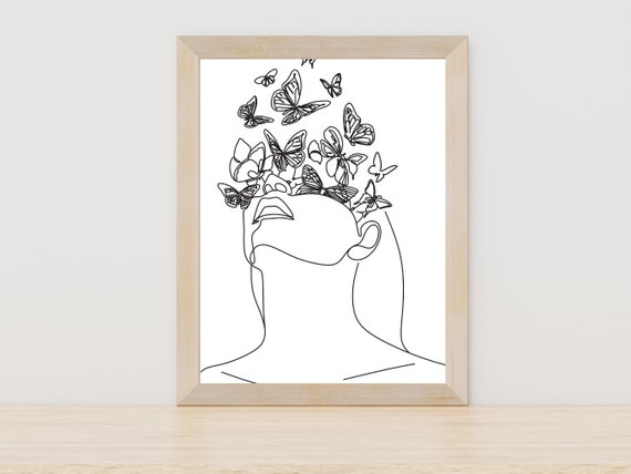 Line Art Woman With Butterfly Wall Decor Minimal Woman Face Line Art Female Poster Modern Print Minimalist Butterfly Line Art