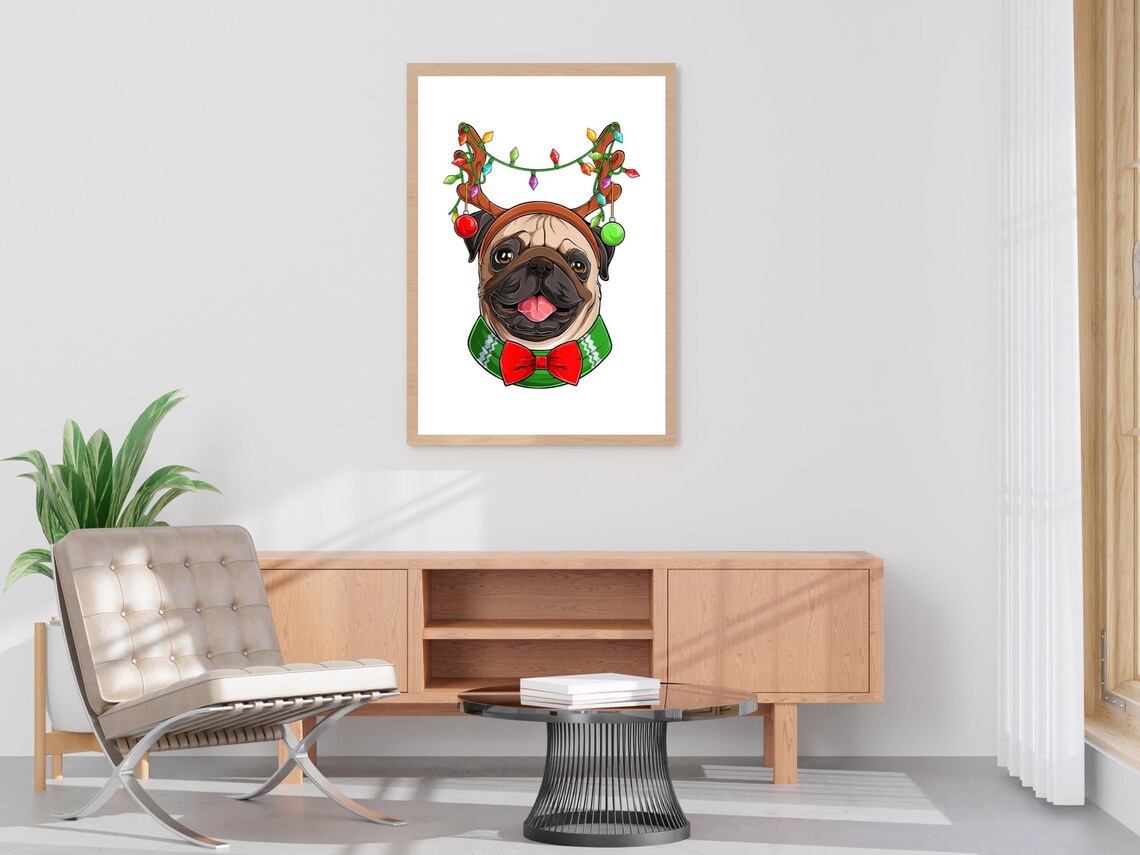 Christmas Pug Painting Reindeer Antlers Holiday Dog Gift Wall Art - Image 4