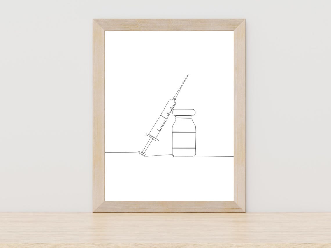 Syringe Vaccine Vial One Line Drawing Medical Clinic Decor Print