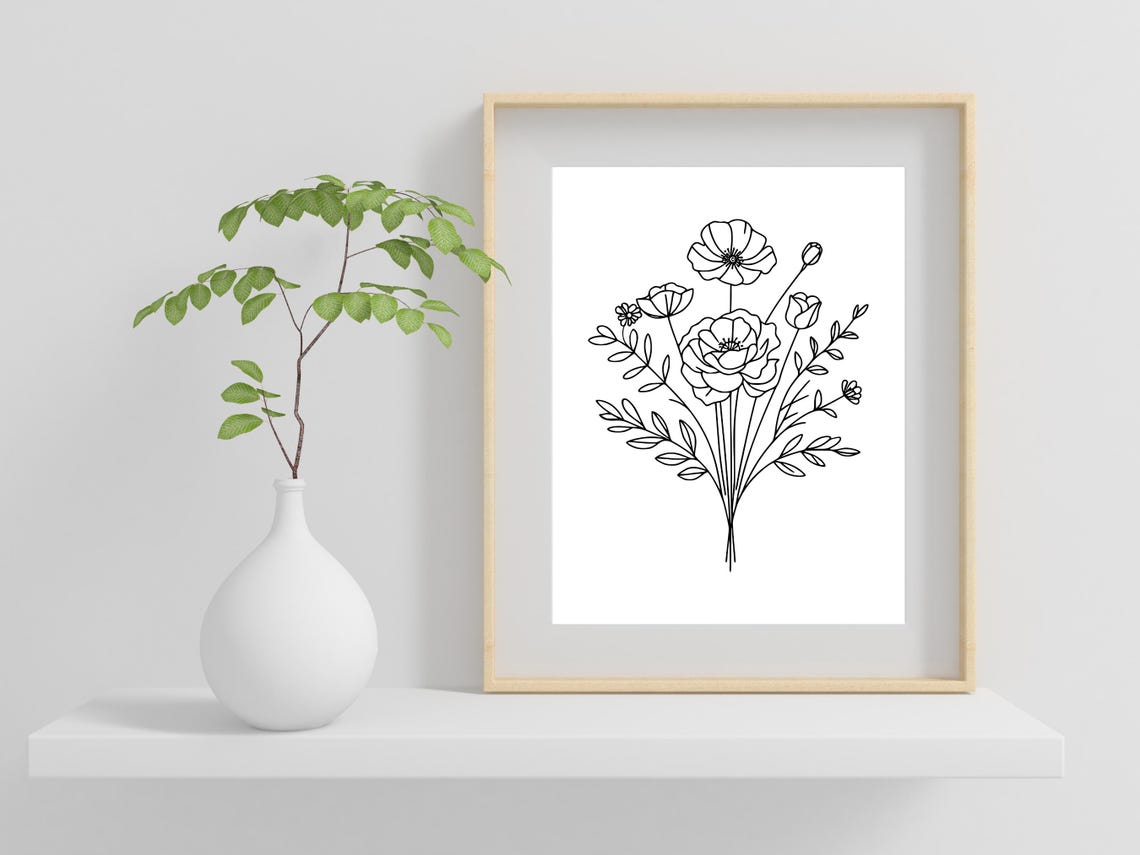 Wildflower Bouquet Line Art Print Minimalist Floral Wall Decor - Image 2
