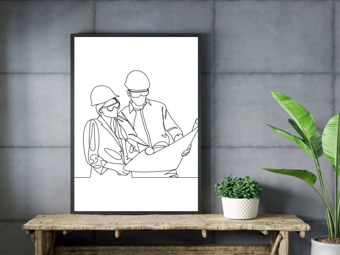 Two Construction Workers Reviewing Blueprints Line Art Poster - Image 3