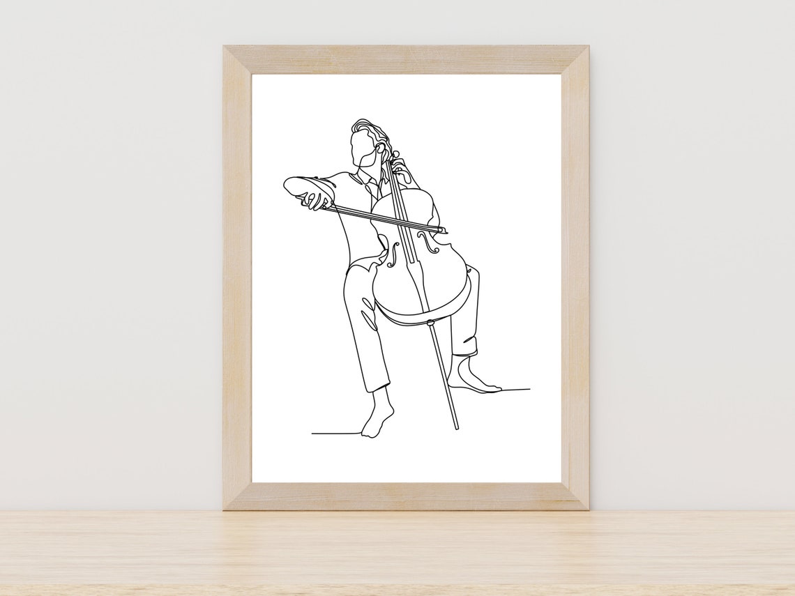Graceful Cellist Playing Cello with Bow Minimalist Line Art Poster