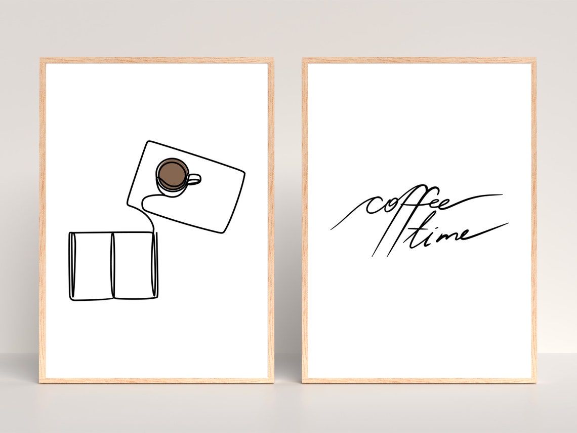 Coffee Time Duo Book and Coffee Line Art Kitchen Decor Wall Art