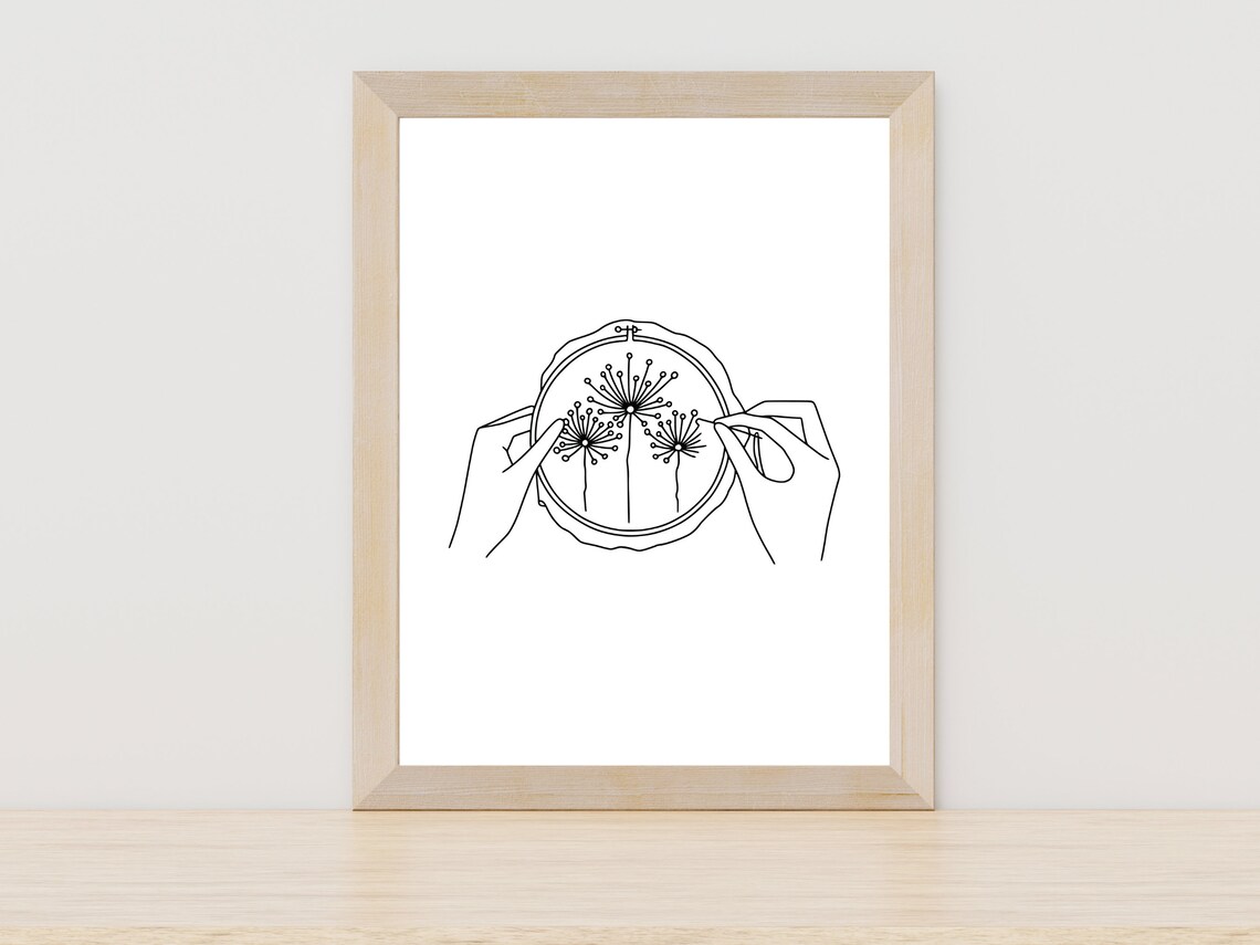 Hands Holding Embroidered Dandelion Hoop Minimalist Line Art Poster